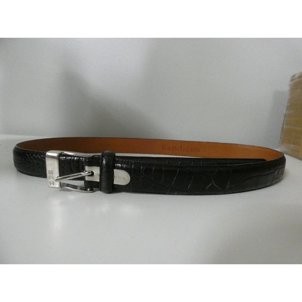 Ralph Lauren Womens S Black Alligator Leather Belt Silver Color Logo Buckle 32